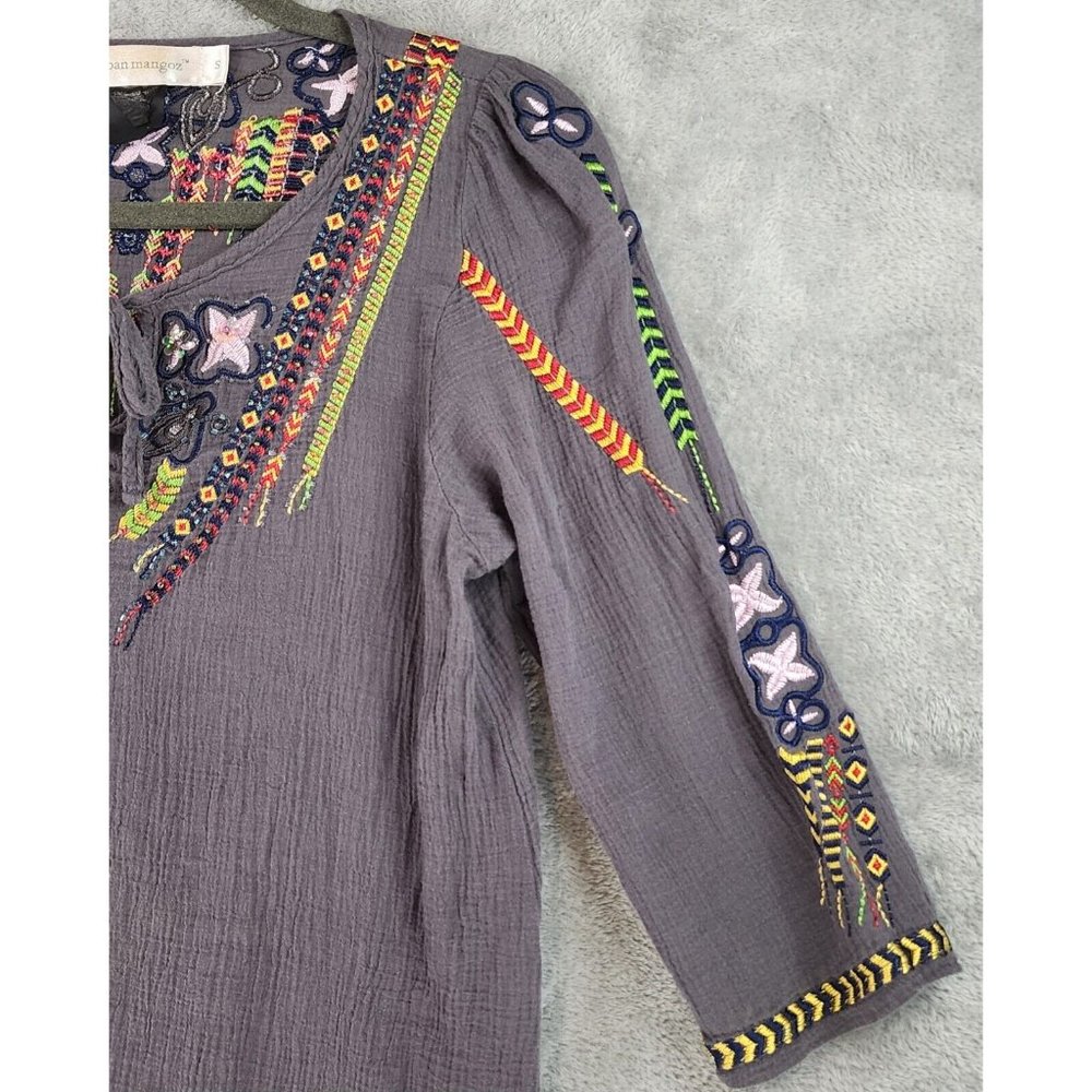 Urban Mangoz Shirt Womens Small Gray Embroidered Beaded Boho Hippie Gypsy Top - Picture 9 of 10